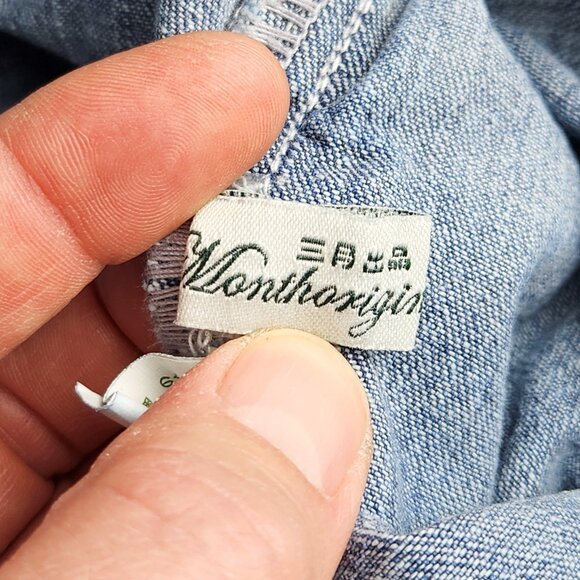 Monthorigin Overalls Womens Large Blue Floral Print Bibs Denim Distressed Casual - Picture 11 of 14